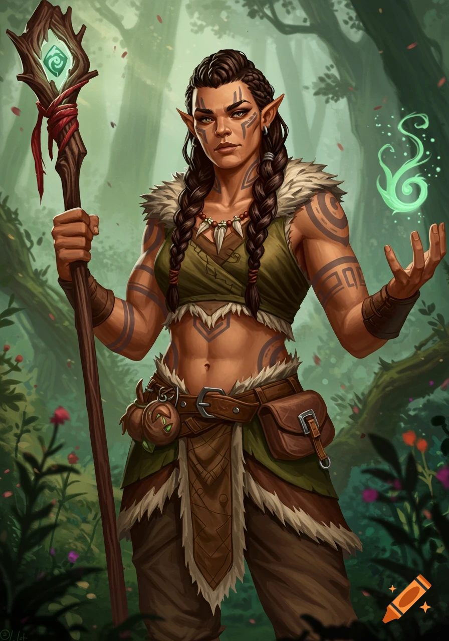 A female fantasy druid with braided dark hair and tribal markings on her skin stands in a forest, holding a staff and casting a green spell.