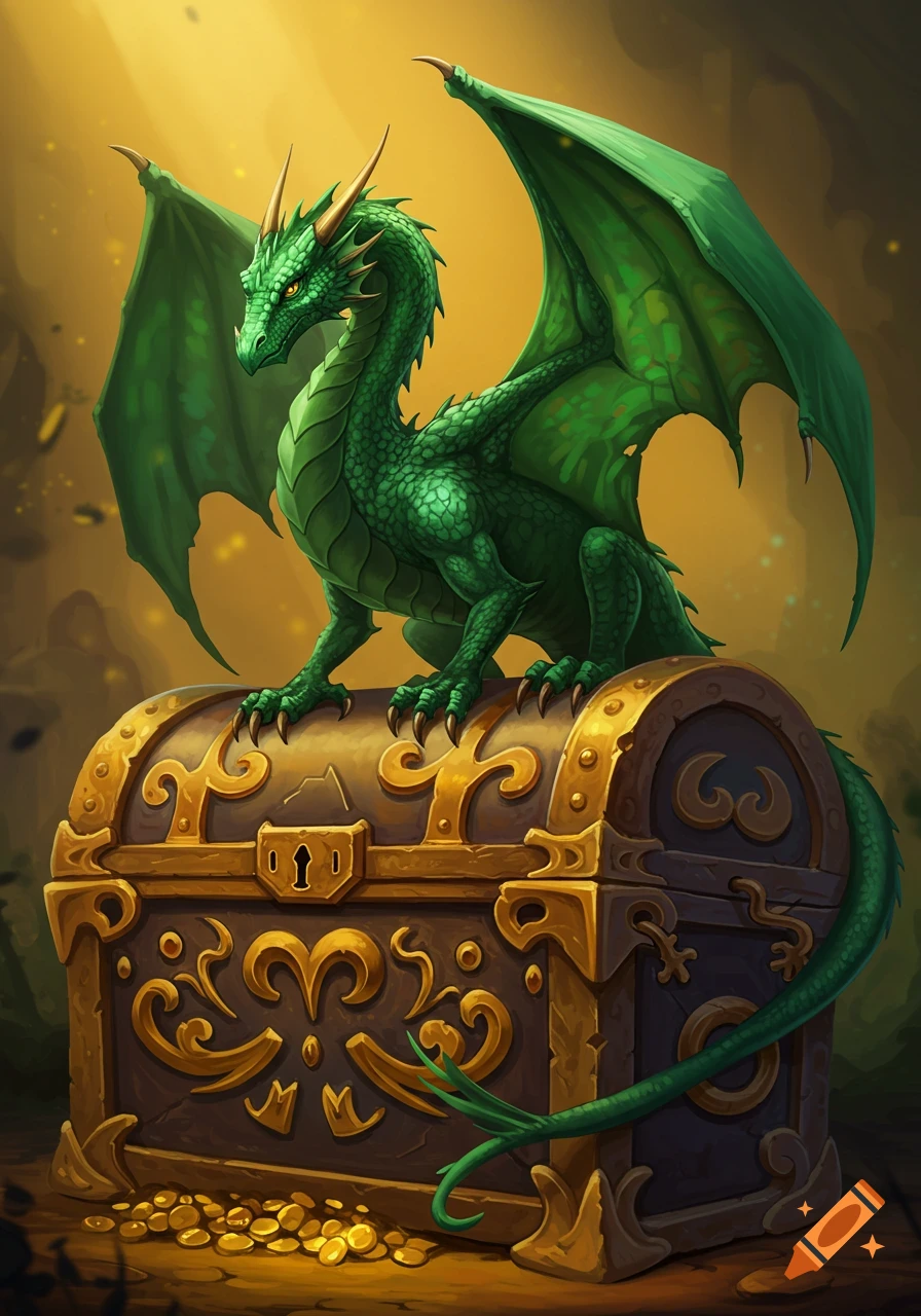 A vibrant green dragon sits atop an ornate golden treasure chest with scattered gold coins, in an illustrative fantasy style.