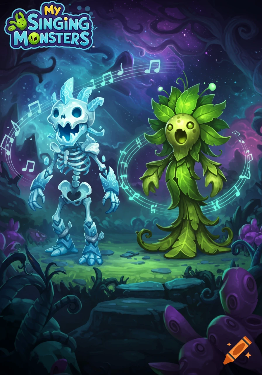 A cartoon bone monster and a green leafy plant monster stand side-by-side with musical notes floating around them in a dark, magical forest setting. The game logo 'My Singing Monsters' is at the top.