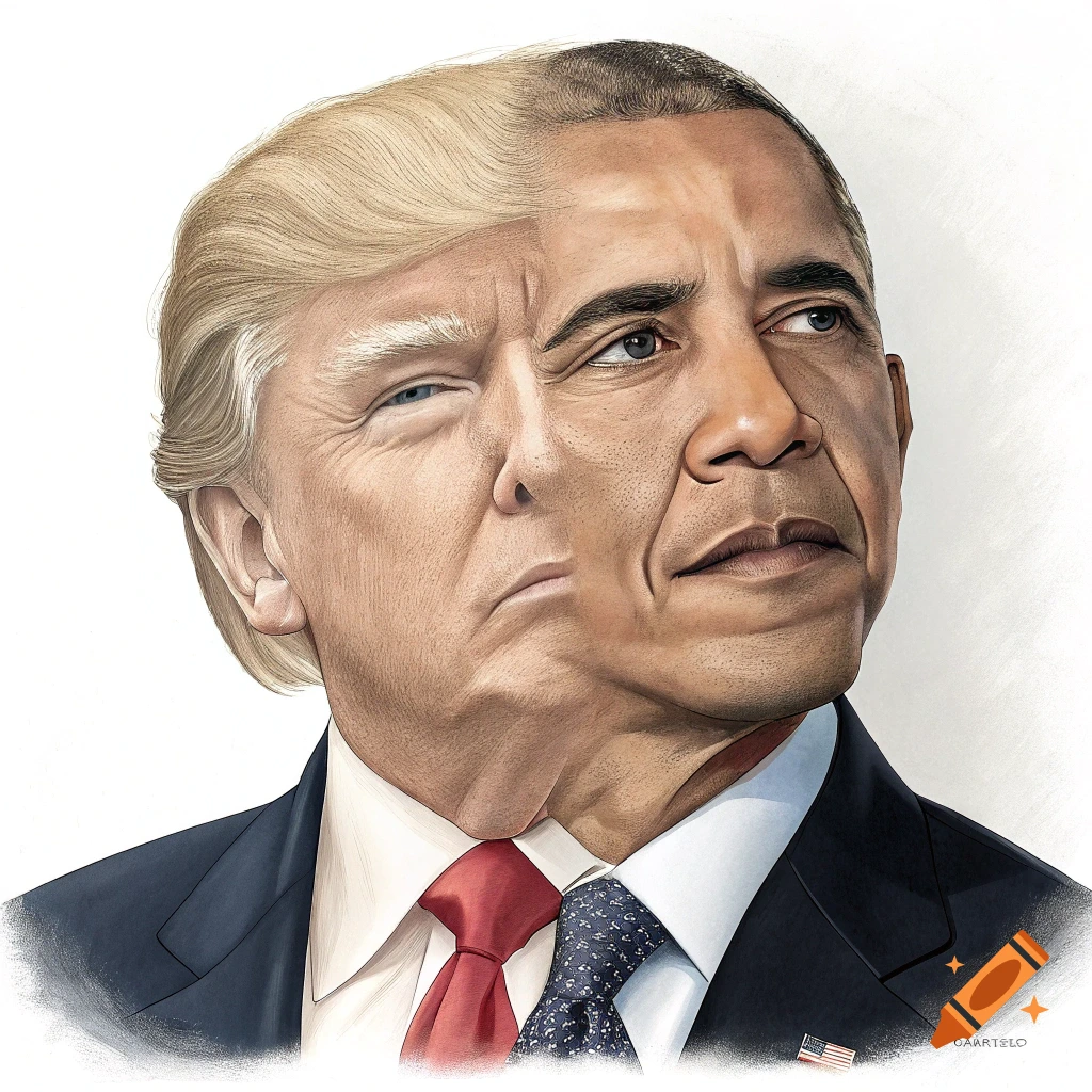 A stylized caricature portrait of a face merging Donald Trump and Barack Obama, wearing suits.