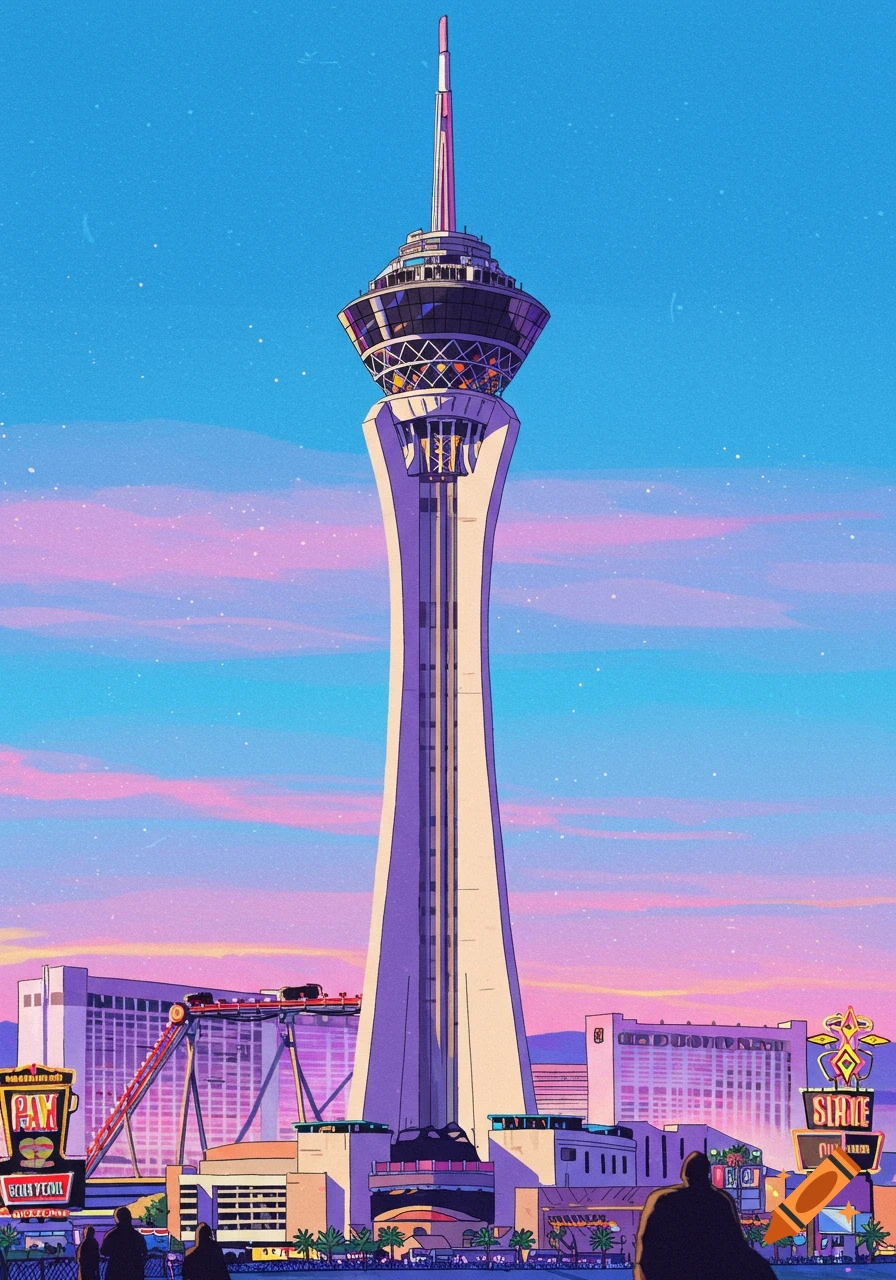 A vibrant anime-style illustration of the Stratosphere Tower in Las Vegas, under a pink and blue sky.