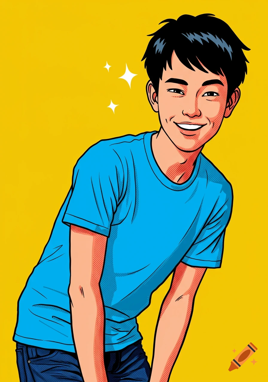 A smiling young man with black hair, wearing a blue t-shirt and jeans, depicted in a bright, comic book pop art style against a yellow background.