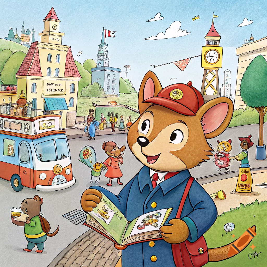 A cheerful anthropomorphic animal in a blue suit reads a book on a busy street with other animal characters, buildings, and a bus in a children's illustration style.