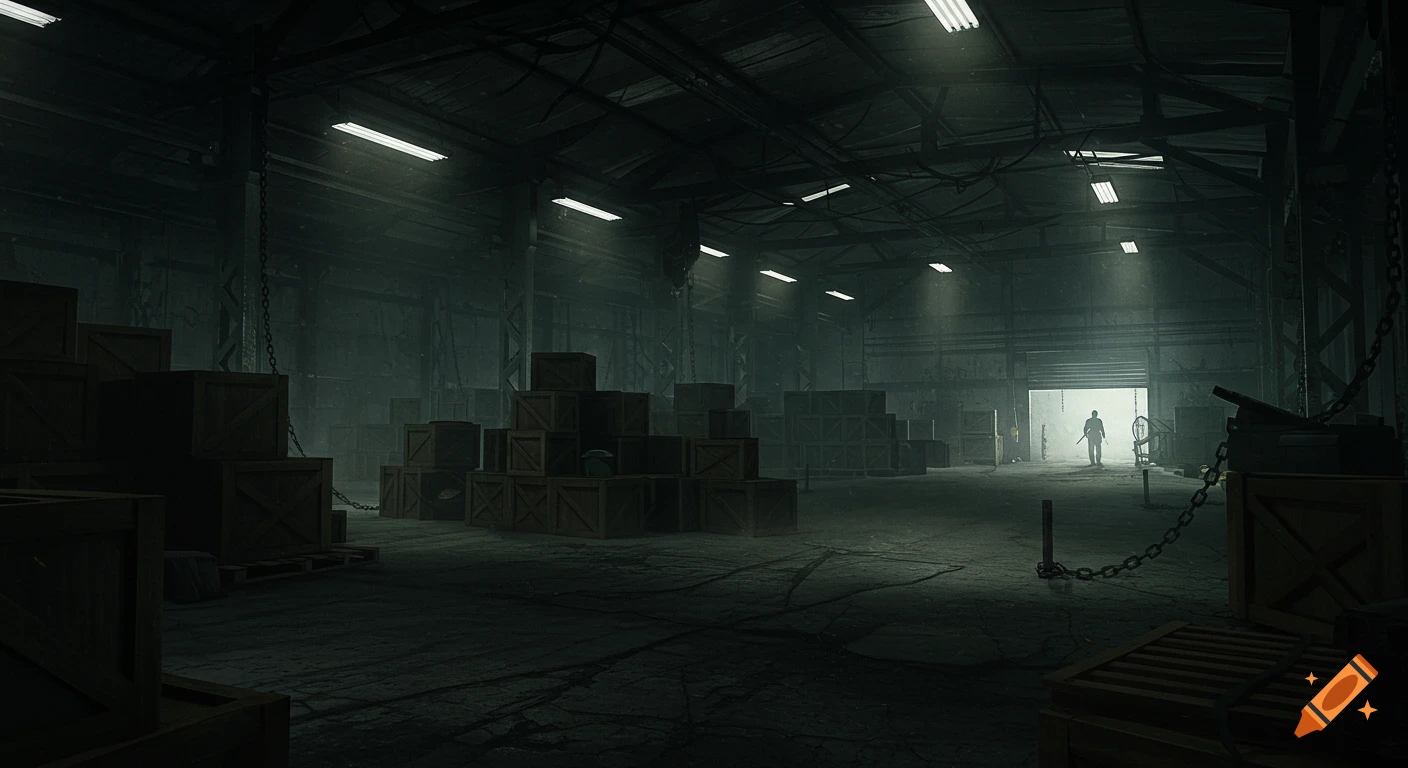 A dark and sprawling warehouse interior with high stacks of crates and fluorescent lights illuminating dust. A lone silhouette stands near a brightly lit back exit, chains hanging nearby.