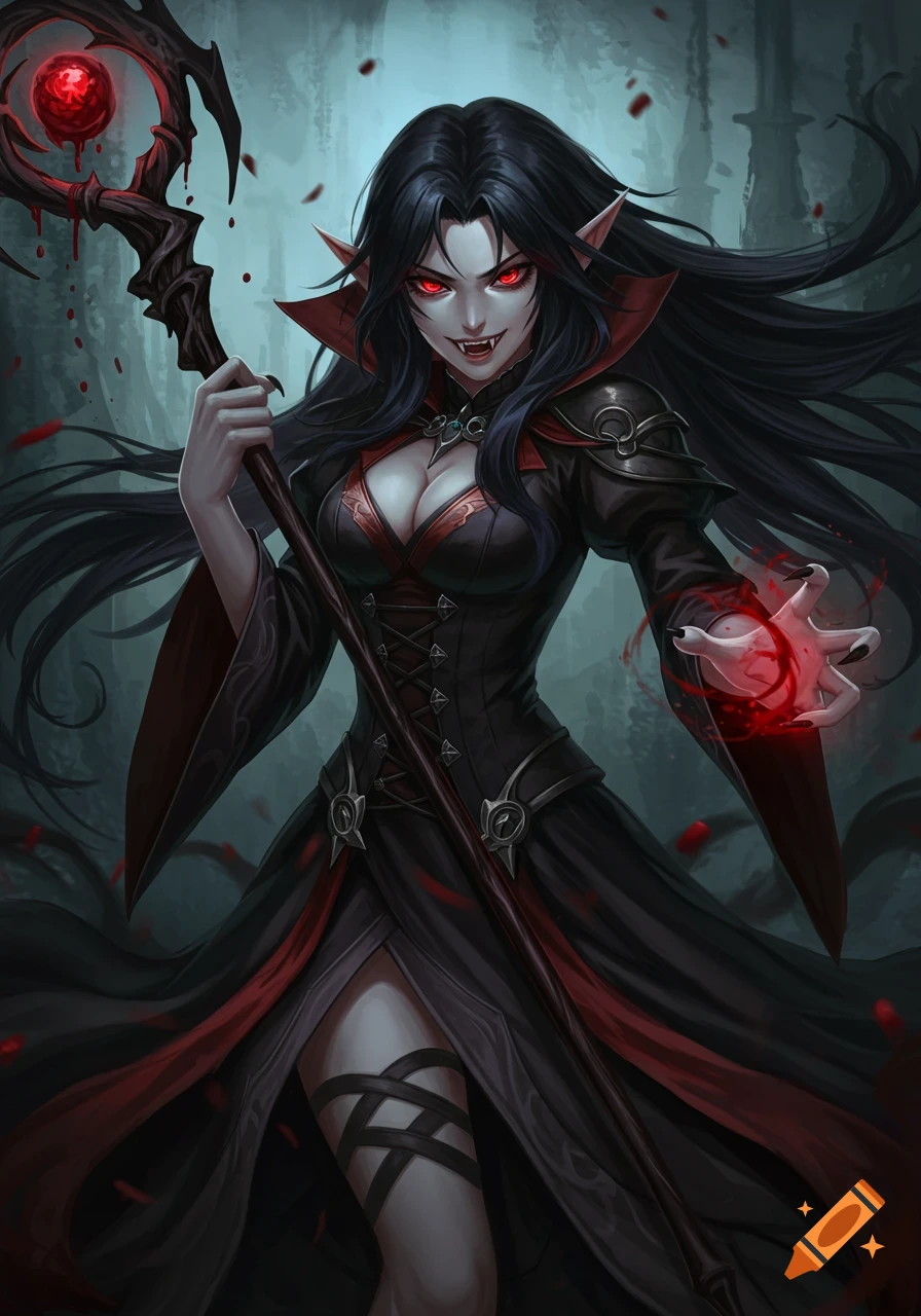 A long-haired female vampire in a black and red dress, with red eyes and fangs, holds a staff and casts a blood magic spell.