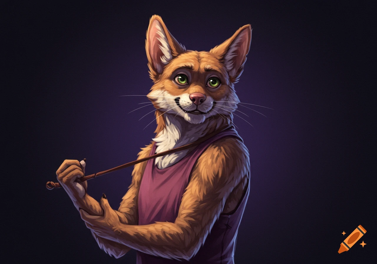 An anthropomorphic fox character with green eyes and a purple tank top holds a stick against a dark background.