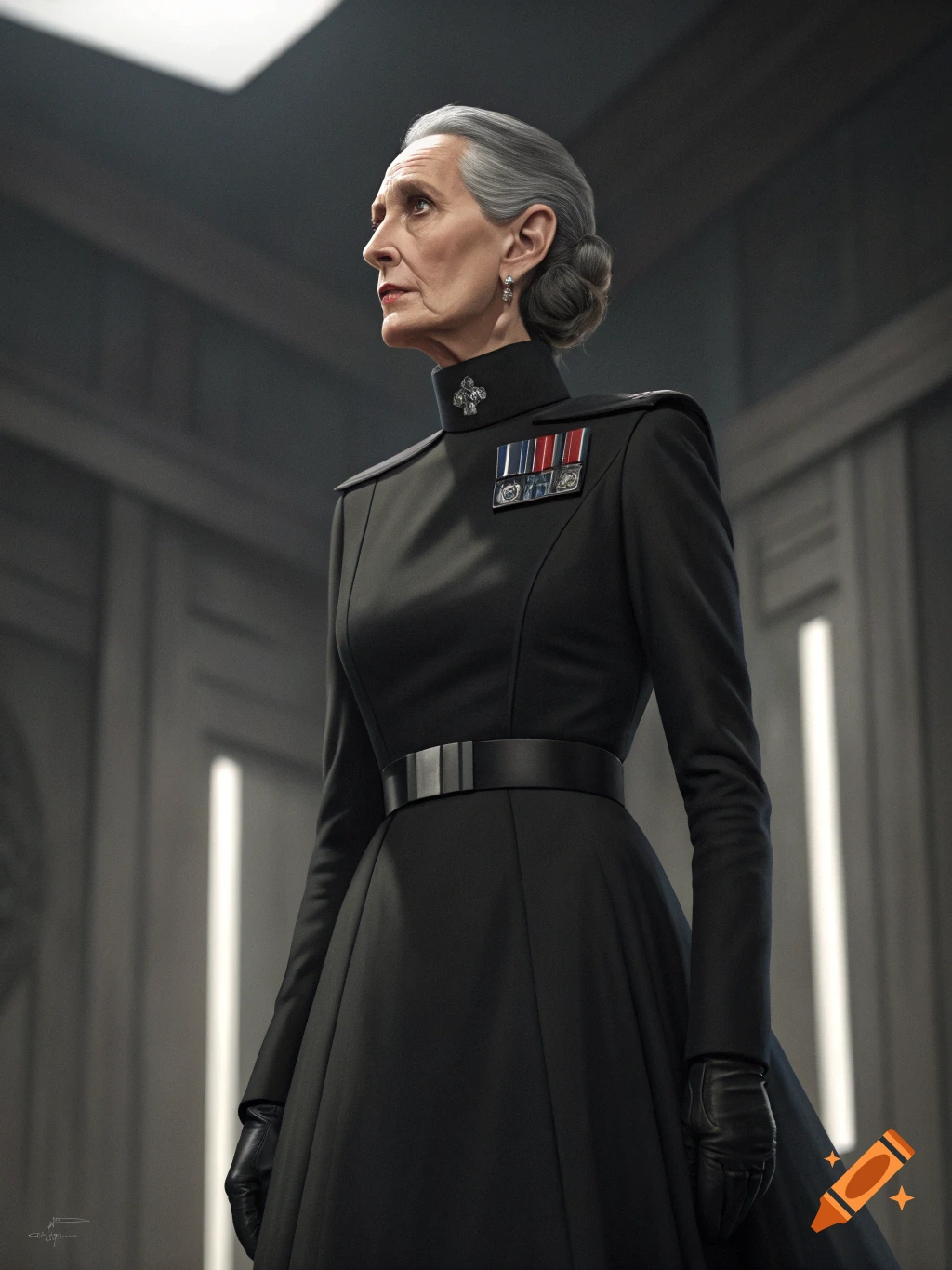 Photorealistic portrait of an older woman in a black, high-collared uniform with medals, looking upward in a dark, structured room.