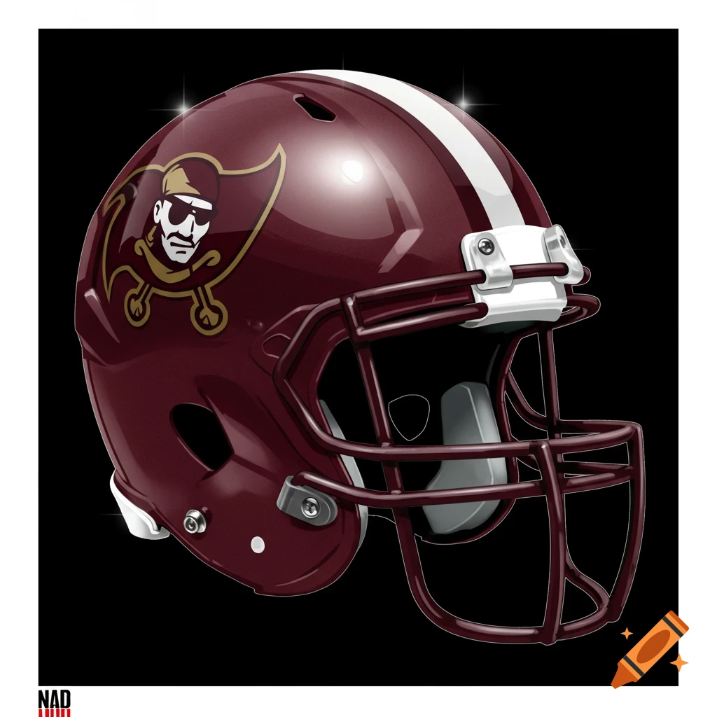 A maroon football helmet with a gold and white logo of a man with sunglasses and a mustache over crossed bones.