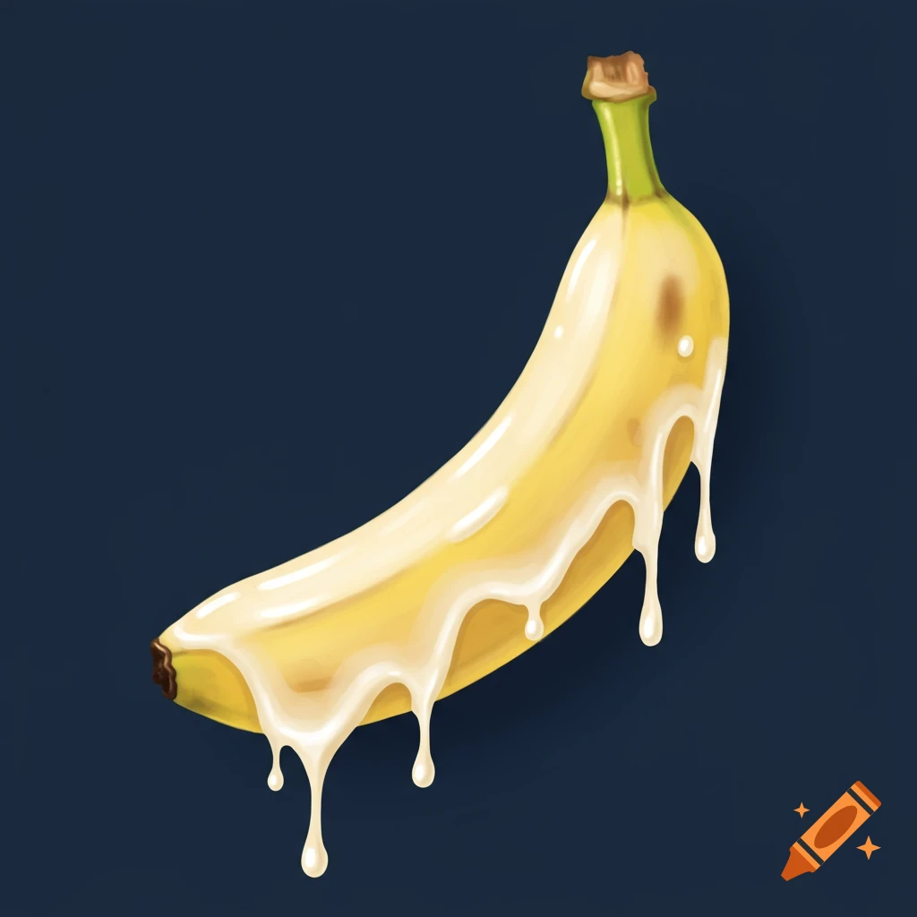 An illustrated yellow banana covered in white liquid dripping against a dark background.