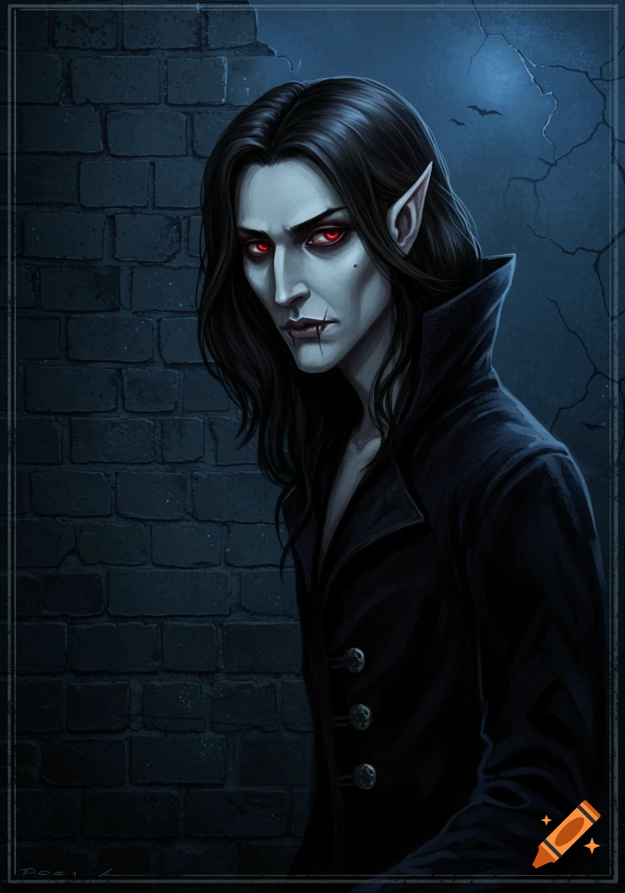 An illustration of a pale-skinned male vampire with red eyes and long black hair, wearing a dark coat, against a dark brick wall with bats in the blue night sky.