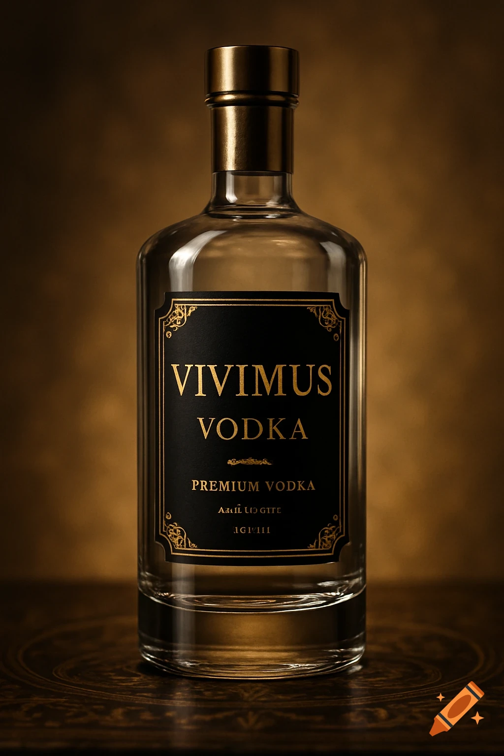 A clear glass bottle of Vivimus Vodka with a gold cap and a black and gold label, set against a dark, warm-toned background.