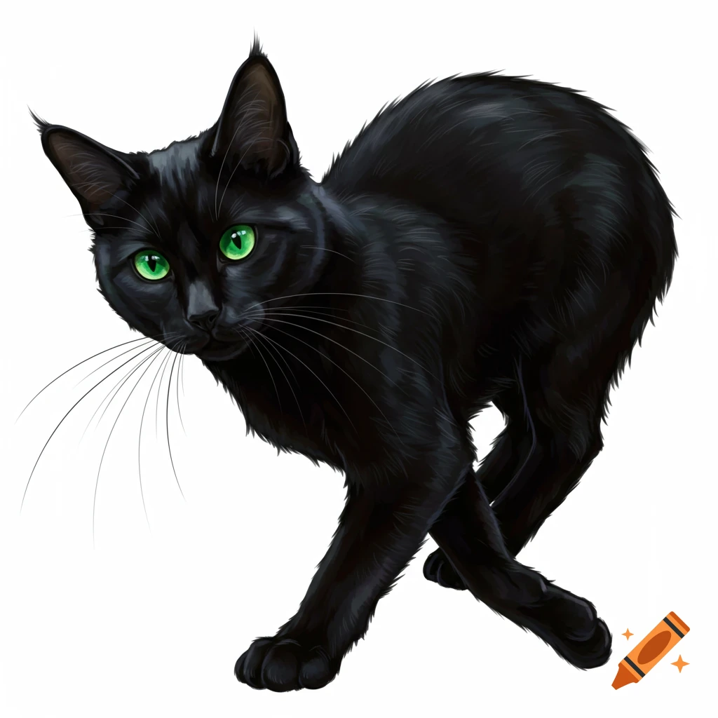 A stylized black cat with bright green eyes and an arched back stands ...
