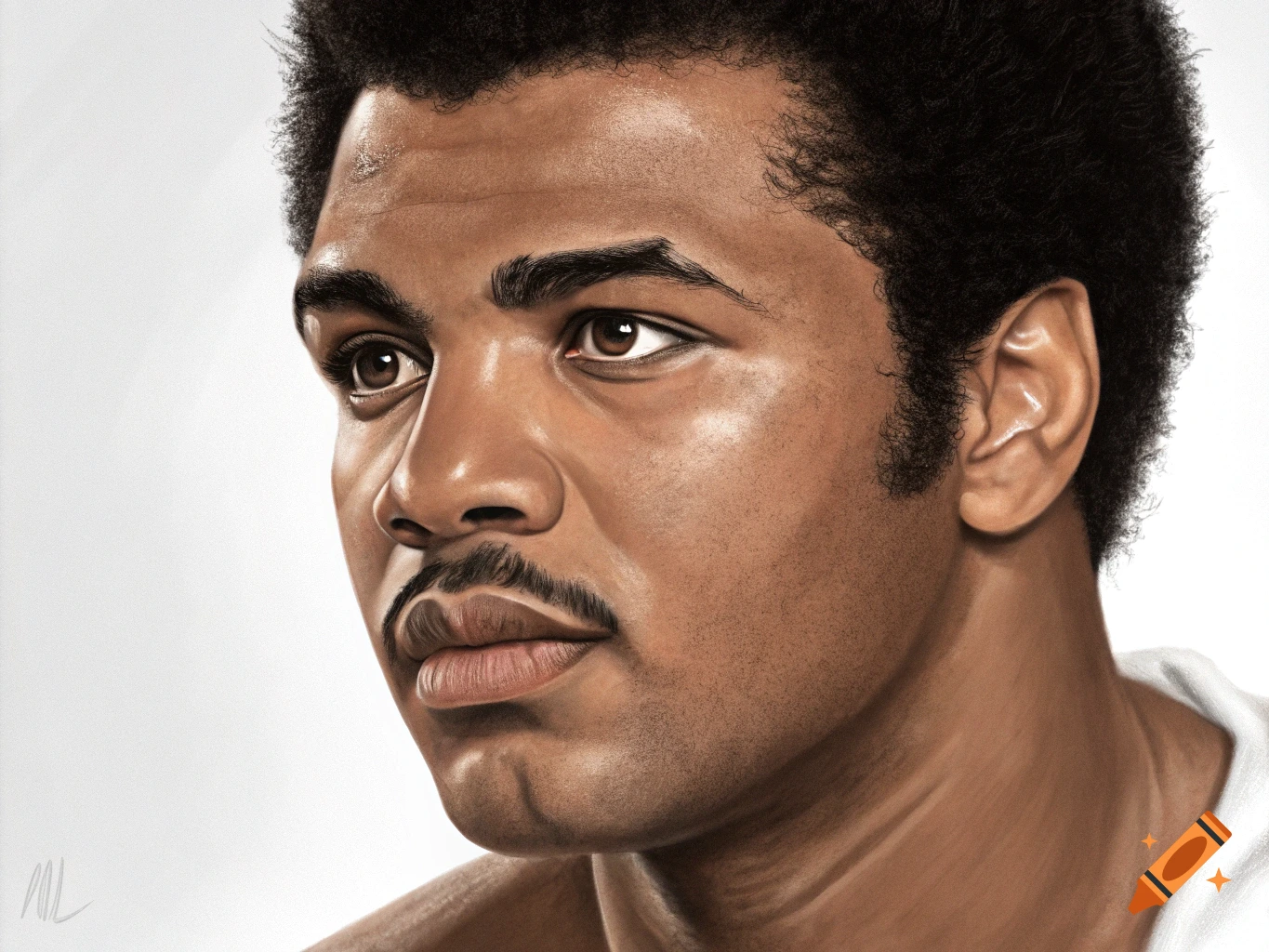 A hyperrealistic portrait of Muhammad Ali looking up and to the left.