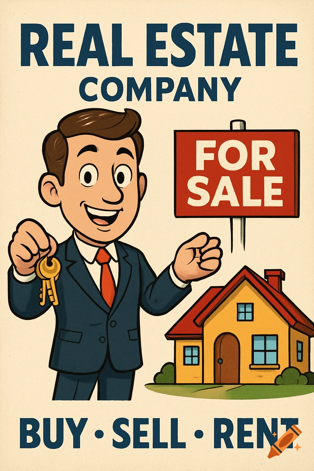 A cartoon real estate agent in a suit holds keys next to a house and a 'FOR SALE' sign, on a poster that reads 'REAL ESTATE COMPANY' and 'BUY "." SELL "." RENT'.