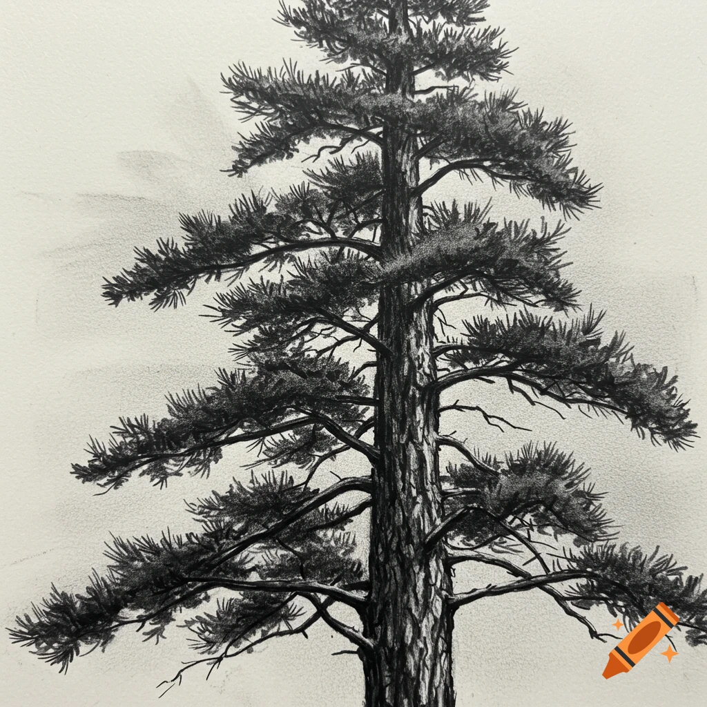 A detailed charcoal sketch of an eastern white pine tree, showing its trunk and branches with pine needles, against a light background.