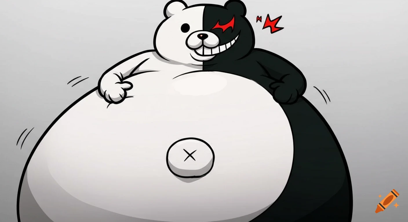 A very large, round Monokuma character, black and white, with a grinning mouth and a red lightning bolt symbol by its eye, drawn in anime style.