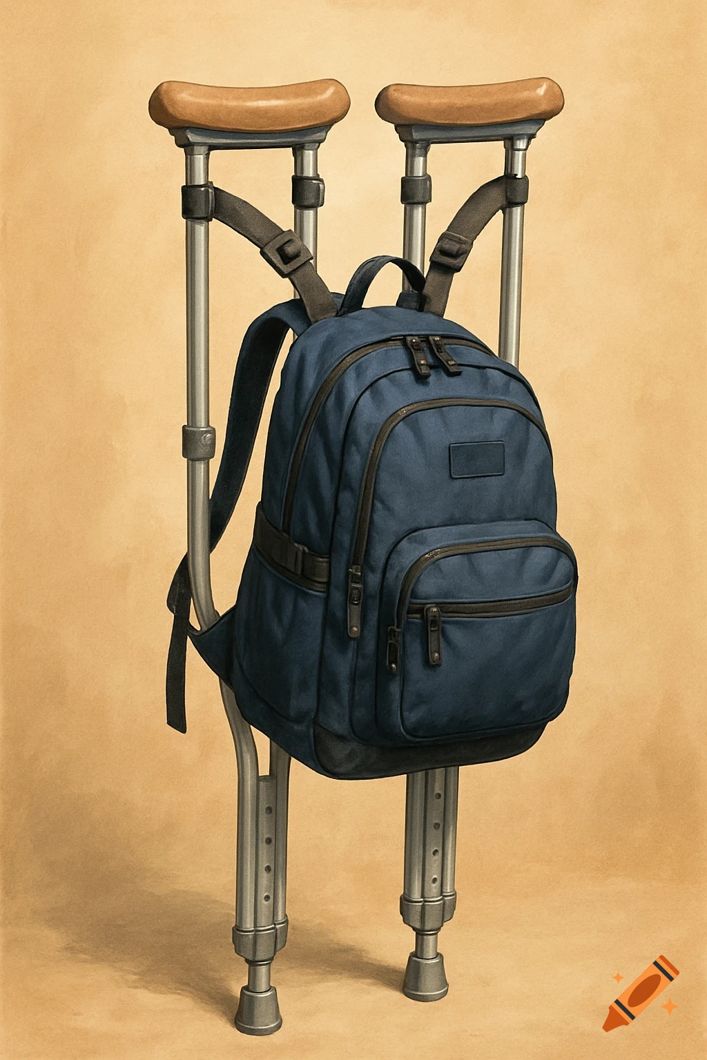 A blue backpack hangs on a pair of silver crutches with brown armrests against a light brown background.