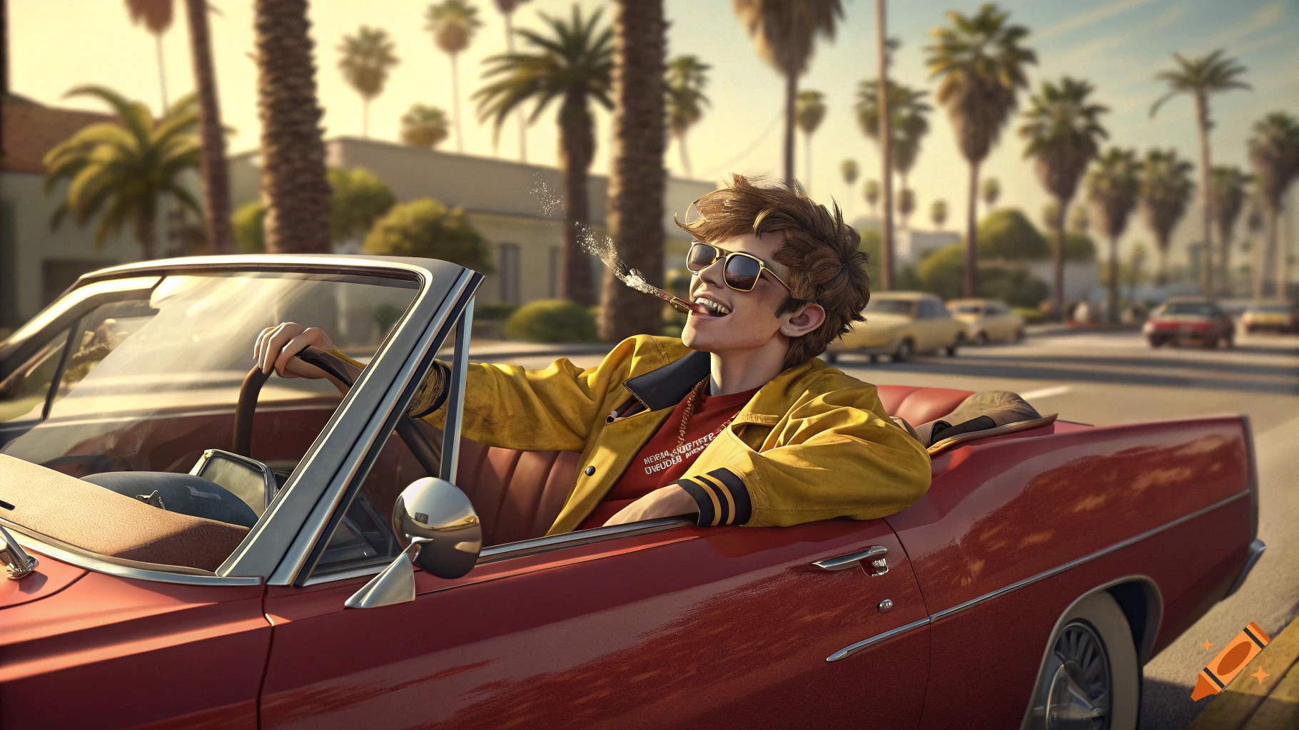 A rebellious teenager in sunglasses and a yellow jacket smokes a cigar while driving a red vintage convertible down a palm-lined street.