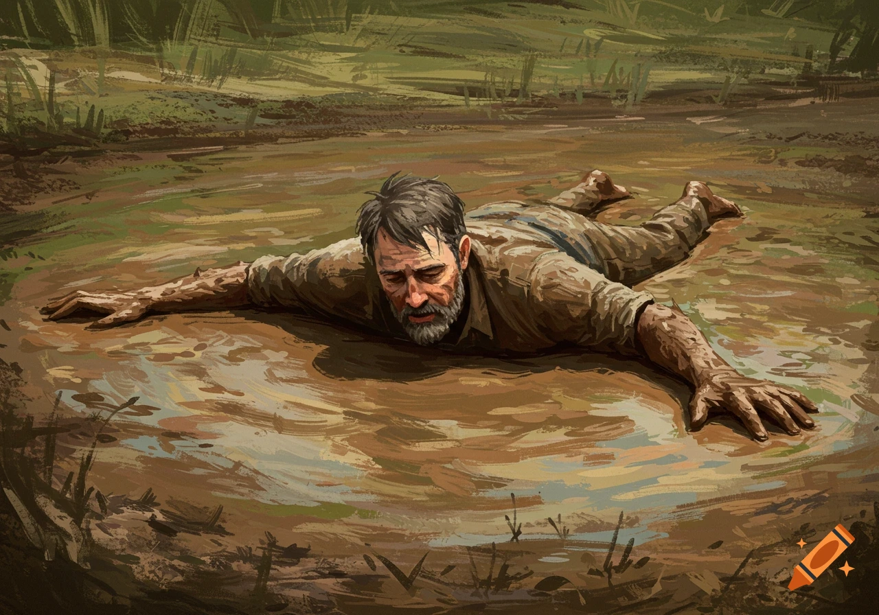 A painting of a distressed man lying face down in a pool of mud, with his arms outstretched.