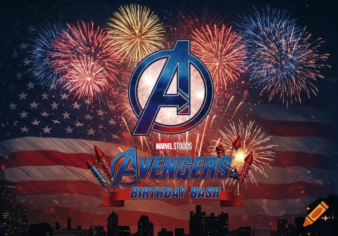 Avengers logo with red, white, and blue fireworks over an American flag backdrop and city skyline, advertising 'Avengers Birthday Bash'.