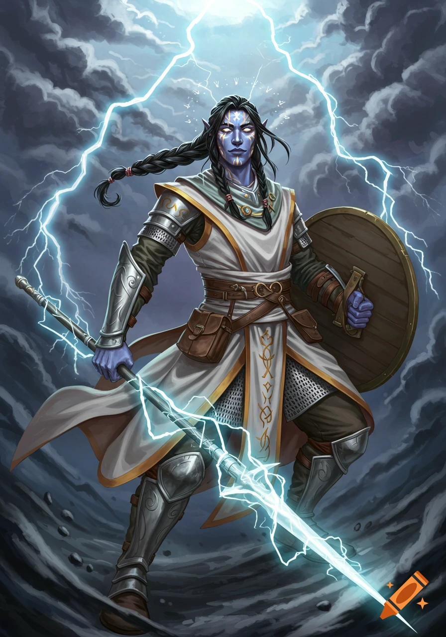 A blue-skinned male Kalashtar cleric with dark braids holds a lightning javelin and shield, electricity arcing around him against a stormy sky.