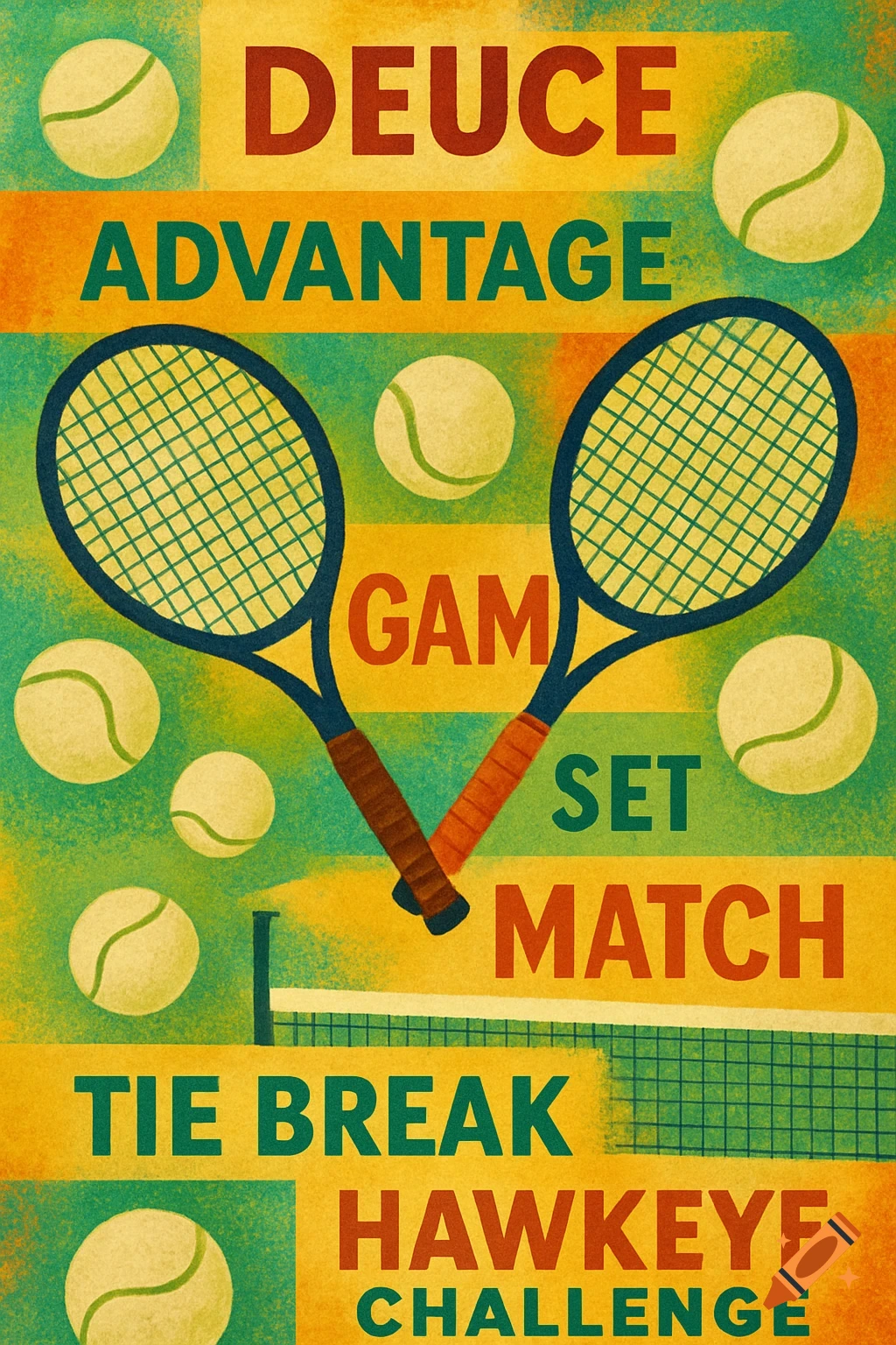 A retro-style tennis poster with tennis rackets, balls, and a net, featuring green and yellow stripes. Various tennis terms like DEUCE, ADVANTAGE, GAM, SET, MATCH, TIE BREAK, HAWKEYE, and CHALLENGE are displayed in bold fonts.