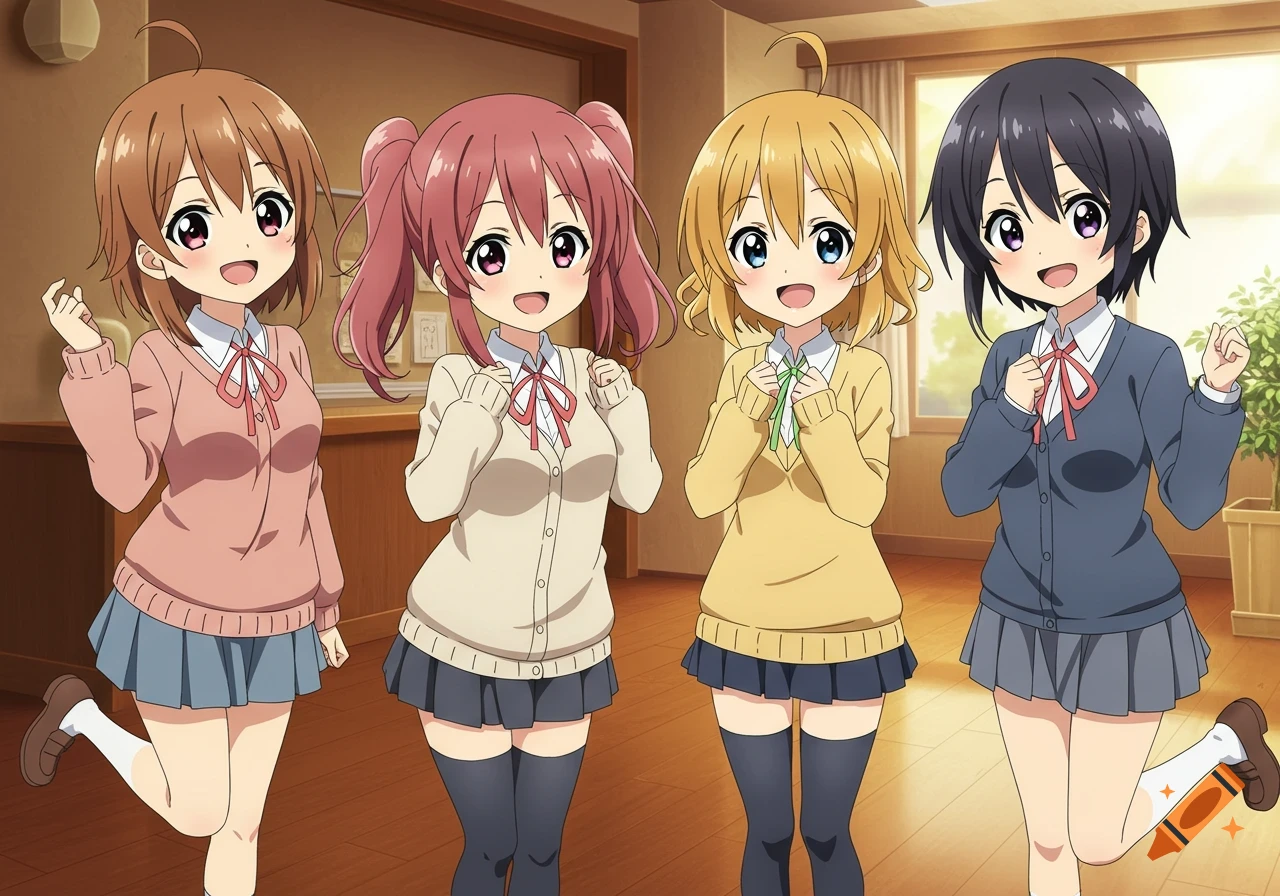 Four smiling anime girls in school uniforms standing indoors, in K-On art style.