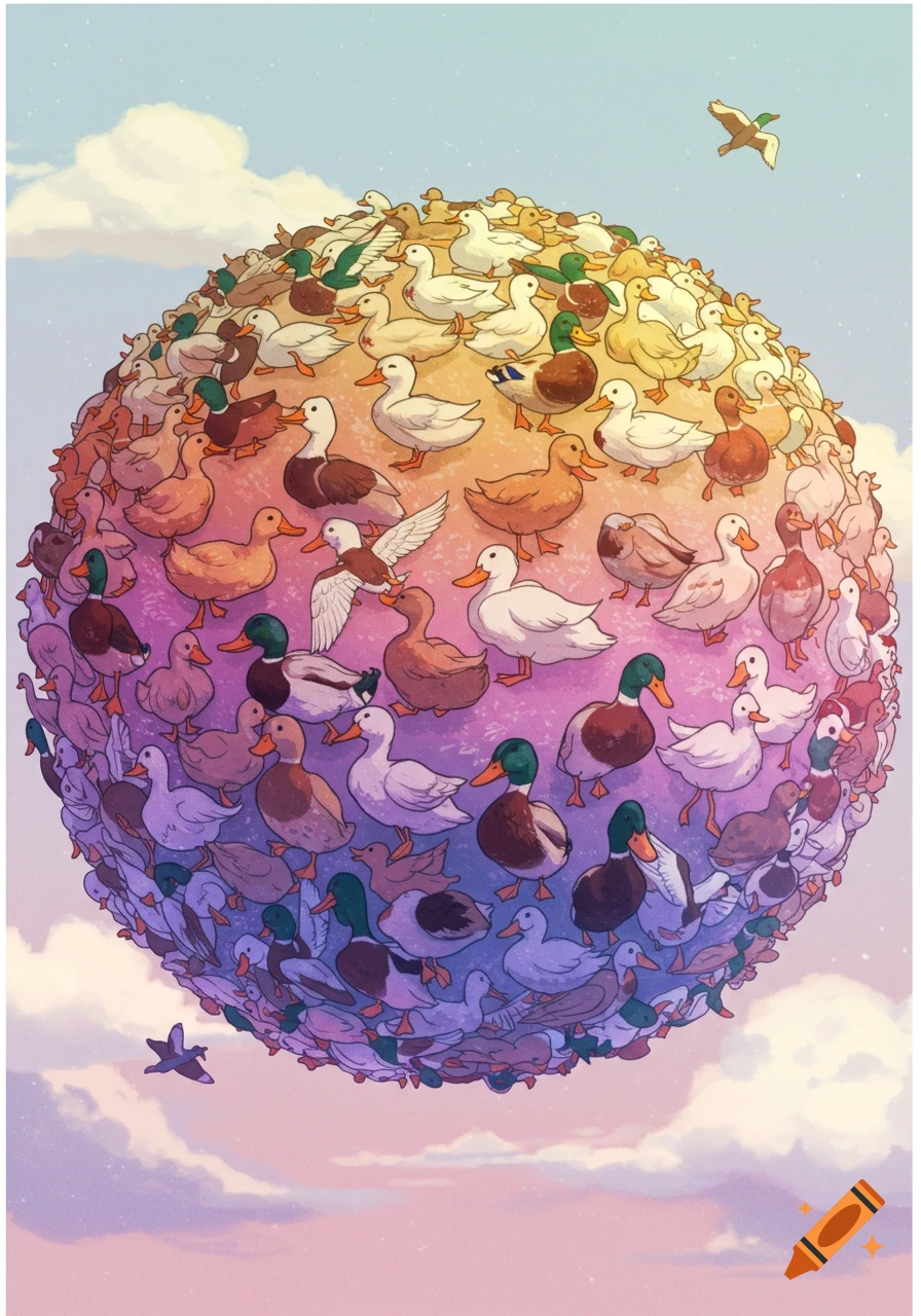 An illustration of a giant sphere made of many ducks, floating in a pastel sky with clouds.