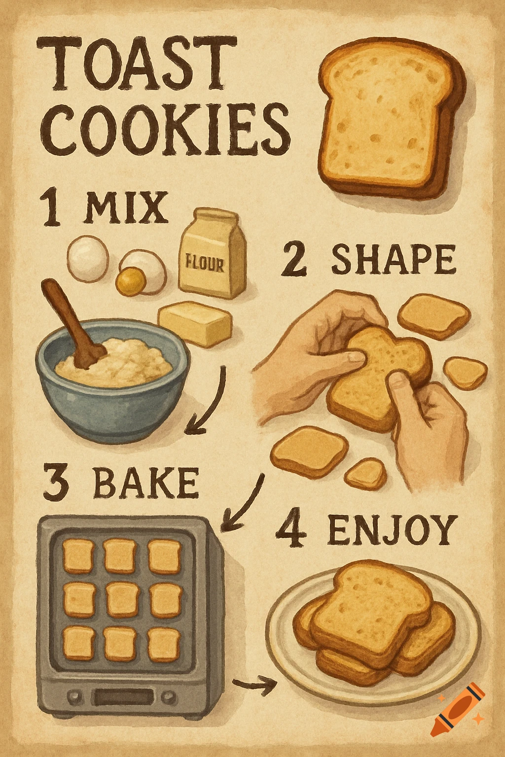 Illustrated step-by-step diagram for making toast cookies, showing mixing ingredients, shaping dough, baking, and serving.