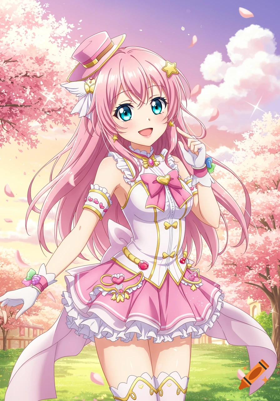 Anime girl with long pink hair and blue eyes in a ruffled pink and white dress, standing under cherry blossom trees with falling petals.