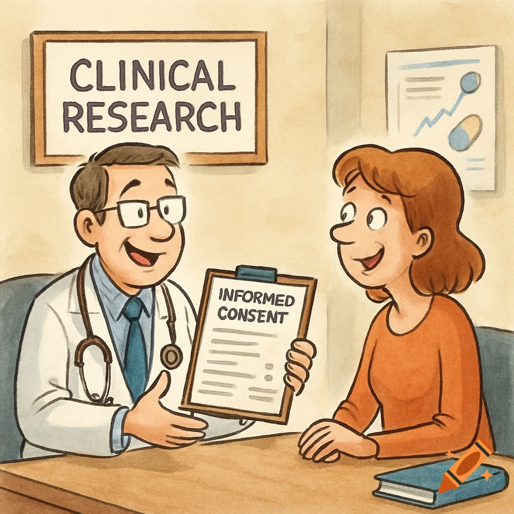 A cartoon doctor explains informed consent to a patient in a clinical research office.