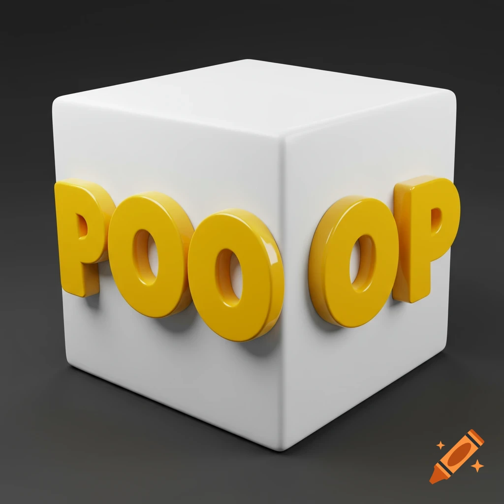 A white cube with the yellow 3D word 'POOP' embossed on its side.