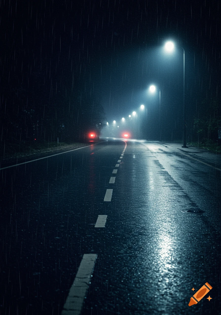 Rainy night road with illuminated streetlights and car tail lights reflecting on the wet asphalt.