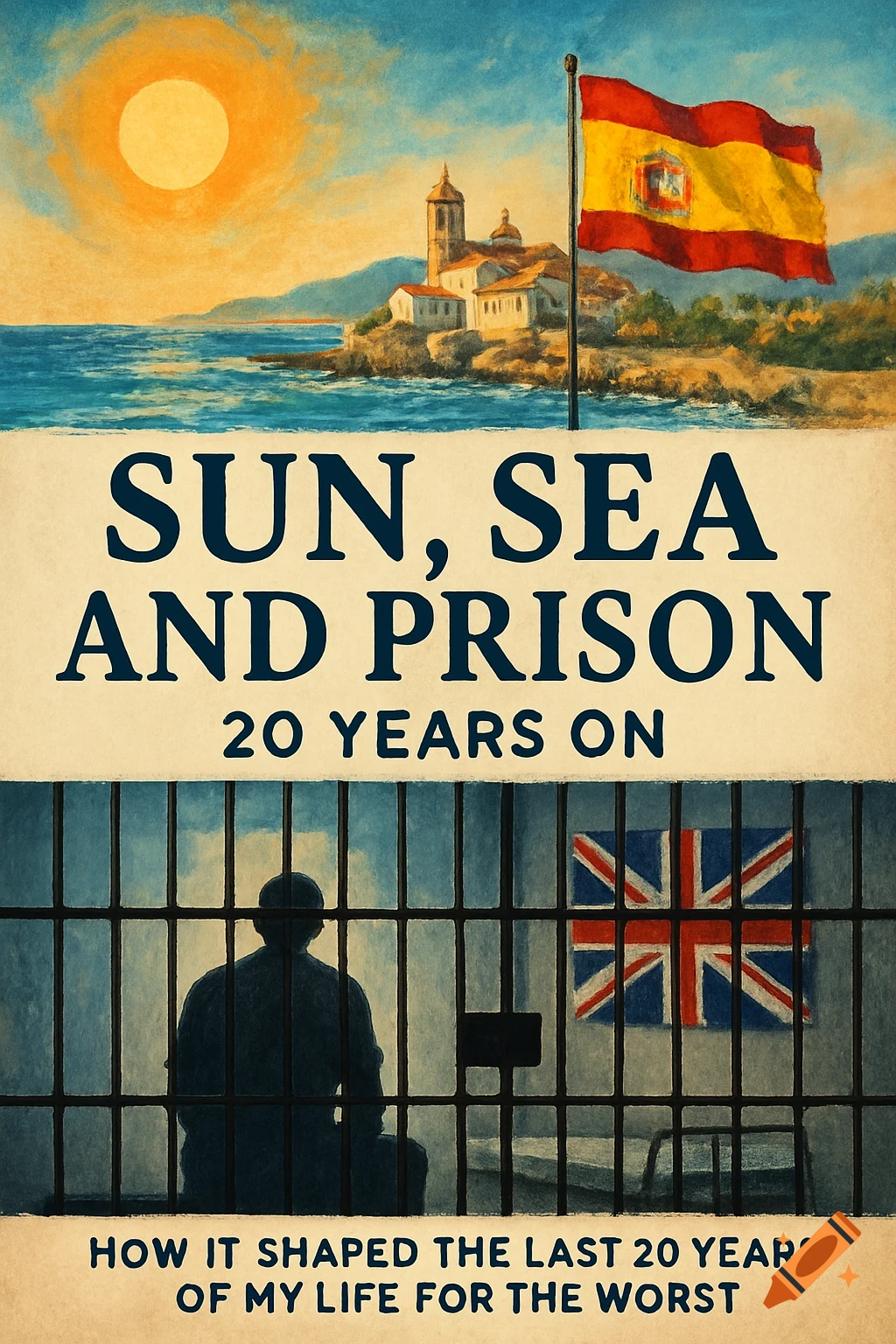 A stylized book cover titled "Sun, Sea And Prison, 20 Years On" with a Spanish flag over a coastal town and a person silhouetted behind prison bars with a British flag.