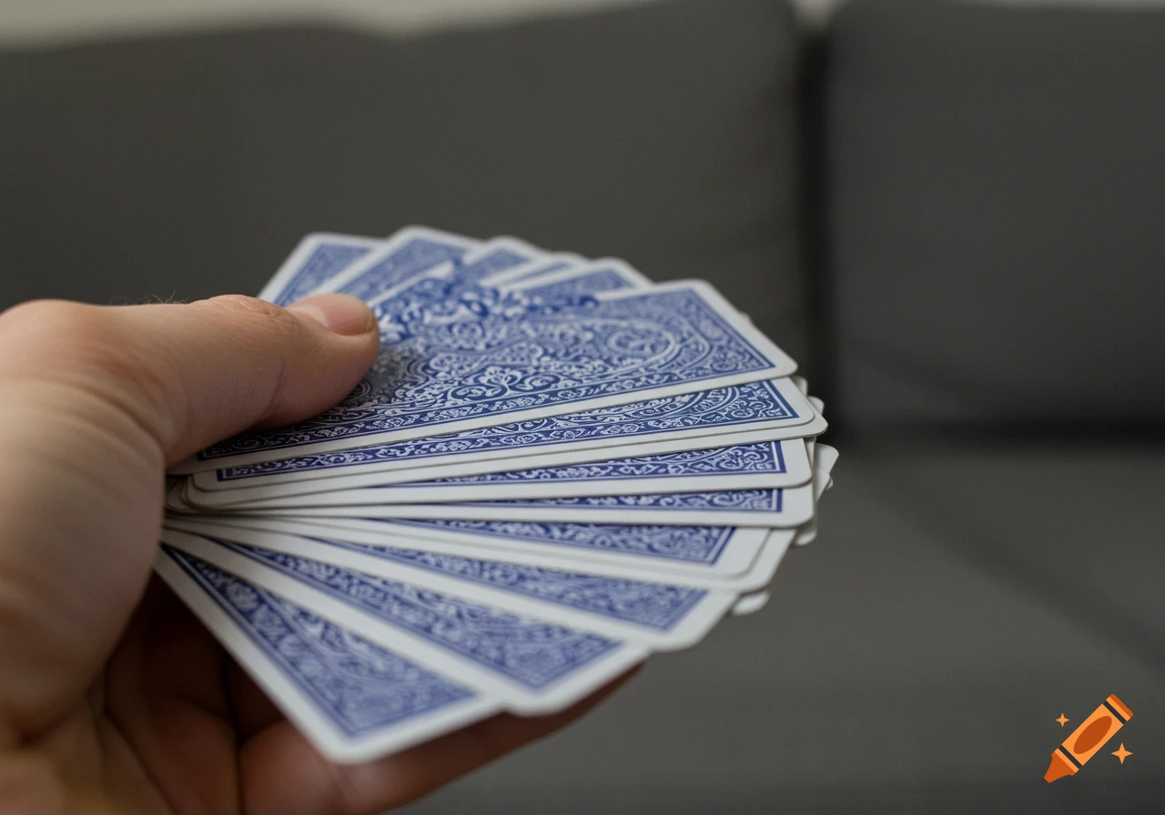 Close-up of a hand holding a fan of blue-patterned playing cards, with the backs facing the camera, against a blurry grey sofa background.