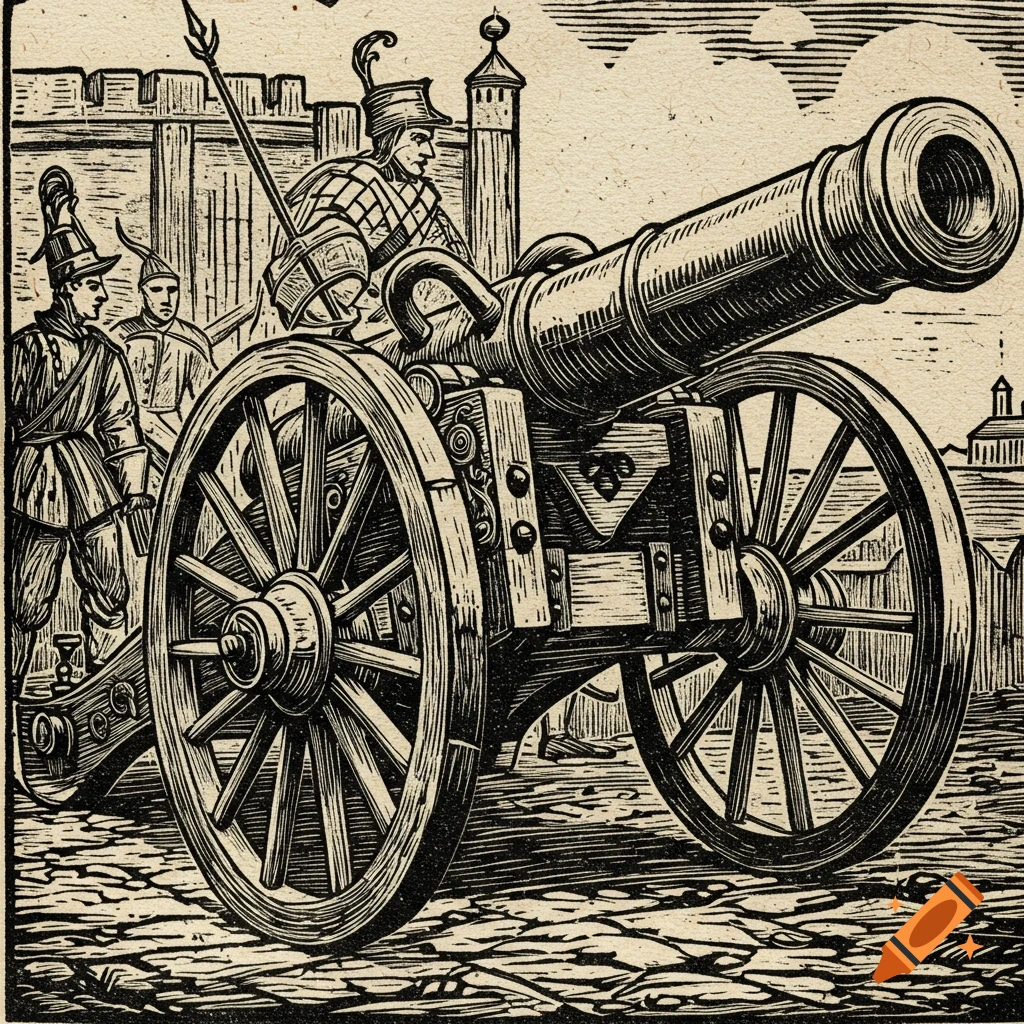 Rustic woodcut print of soldiers with a large cannon outside a castle wall.