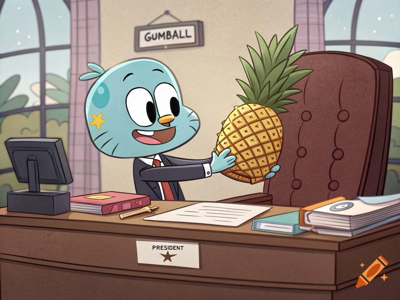 Cartoon character Gumball, a blue cat in a suit, sitting at a large desk and holding a pineapple in an office.