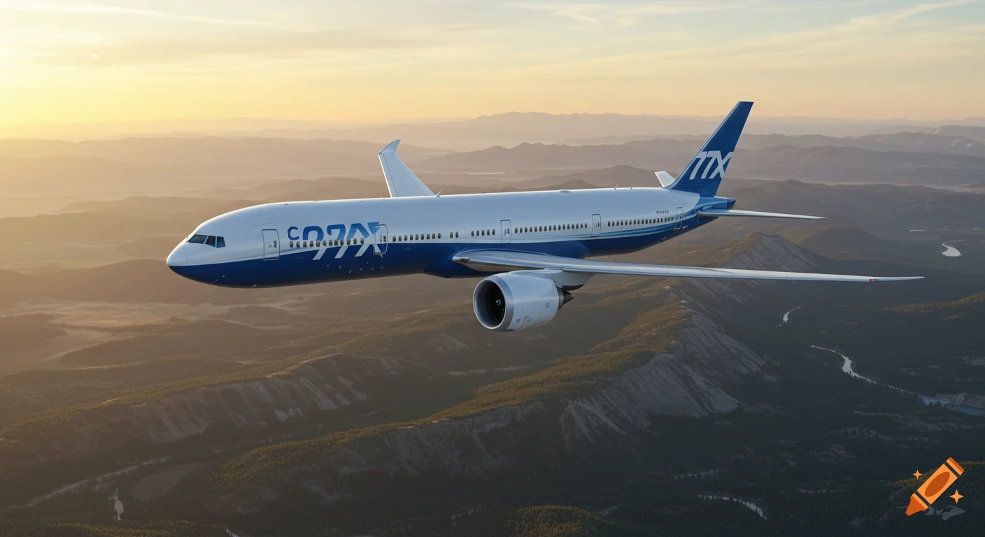 A photorealistic depiction of a Boeing 777X airplane flying over green, forested mountains with winding rivers during sunset.