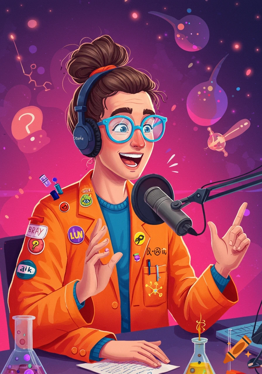 A vibrant cartoon illustration of a scientist with blue glasses and headphones recording a podcast at a desk with beakers.