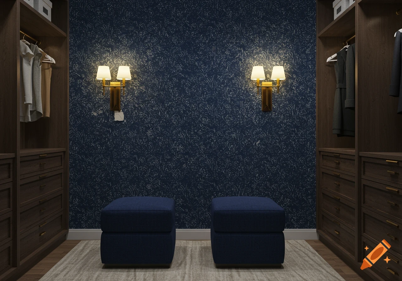 A walk-in closet with dark wood wardrobes, navy blue patterned wallpaper, two sconce lights, and two navy blue ottomans.