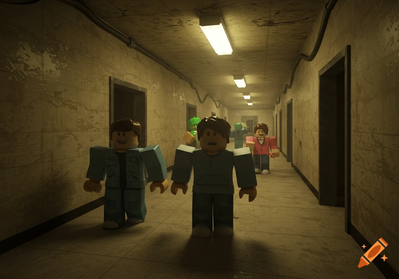 Roblox-style characters walk down a dimly lit, dirty hallway resembling the Backrooms.