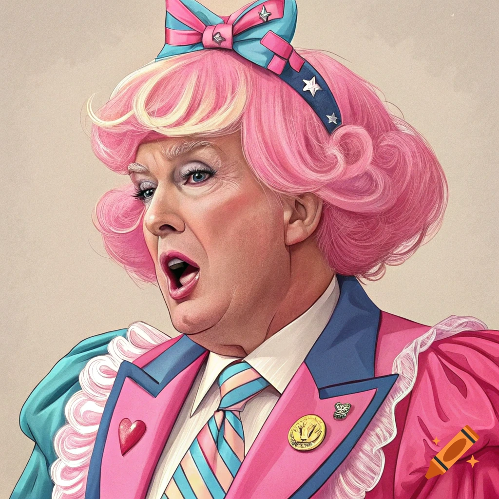 Stylized caricature of Donald Trump wearing a vibrant pink and blue gyaru-style outfit, pink curly hair, and a large bow, with a surprised expression.