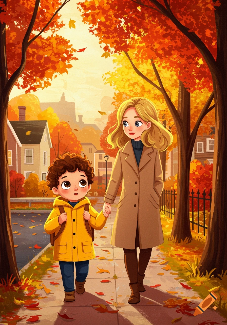 An illustrated scene of a mother and child walking hand-in-hand down a sidewalk lined with trees with autumn leaves.