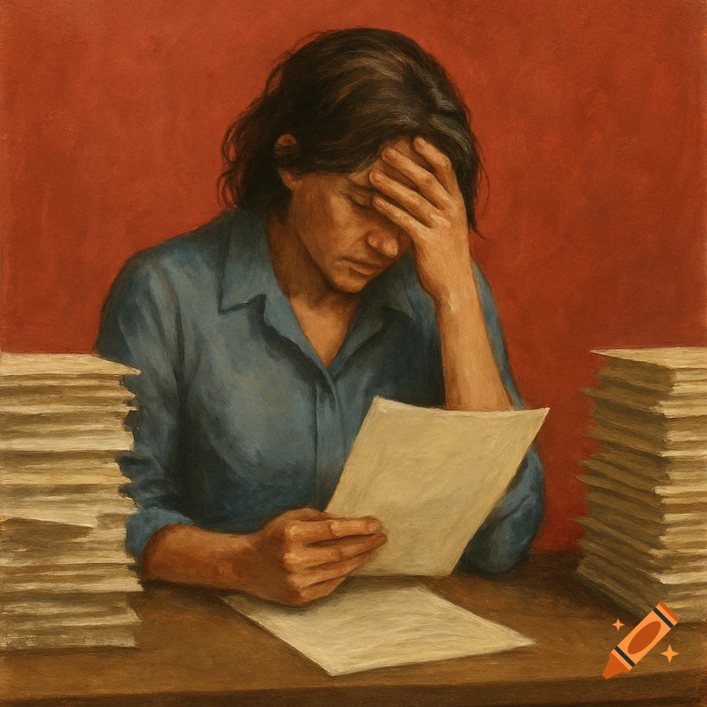A woman with her head in her hand, looking at paperwork on a desk with stacks of papers, against a red background, in a painterly style.