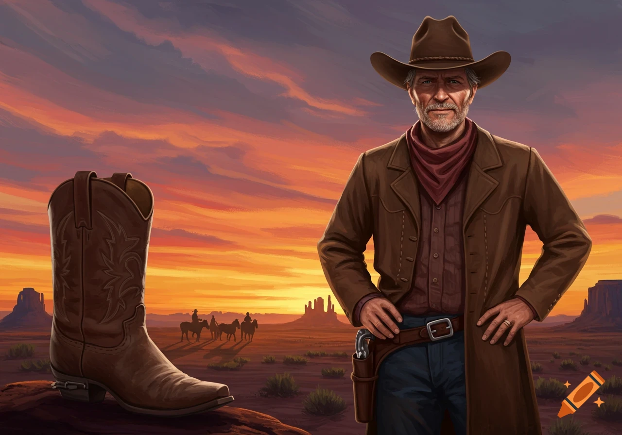 A rugged cowboy and a large boot in a desert landscape at sunset, digital painting.