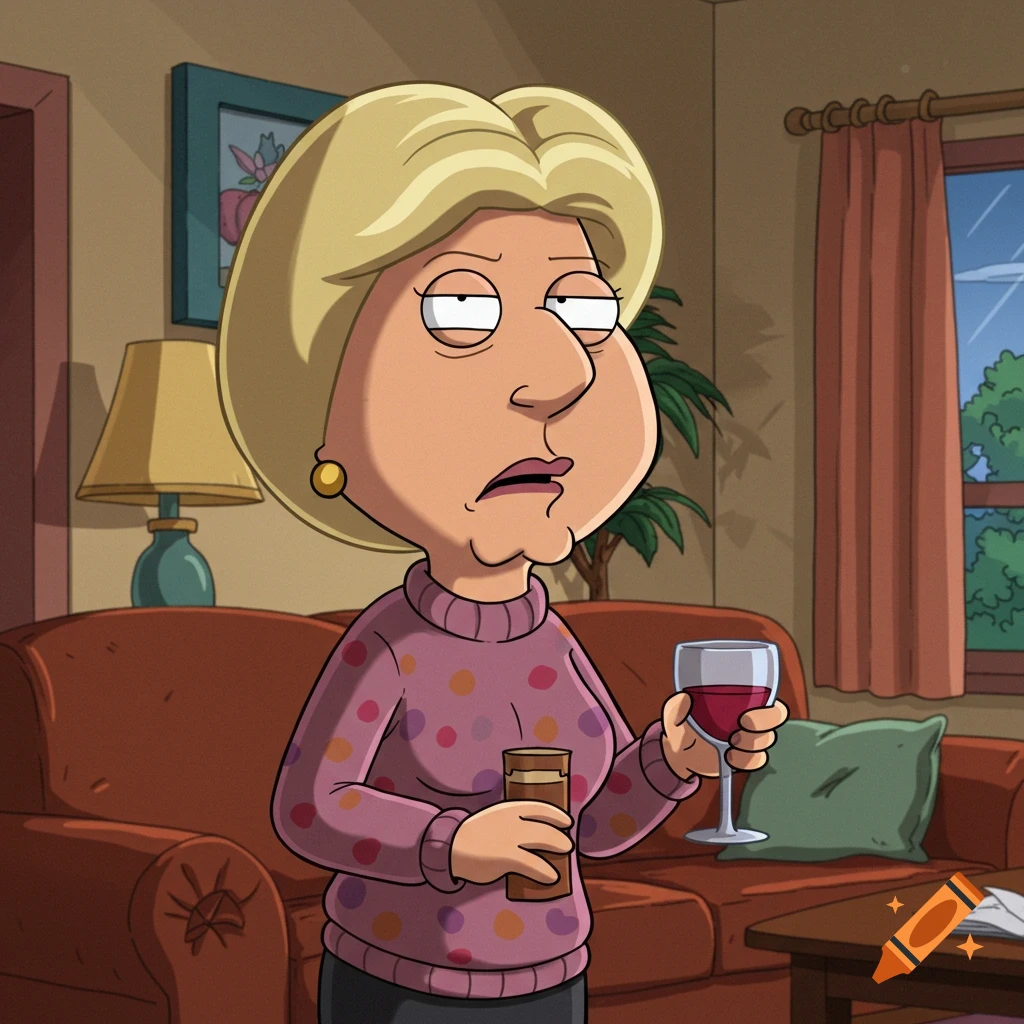 A cartoon woman with blonde hair, resembling Lois Griffin, holds a glass of red wine and a chocolate bar while standing in a living room.