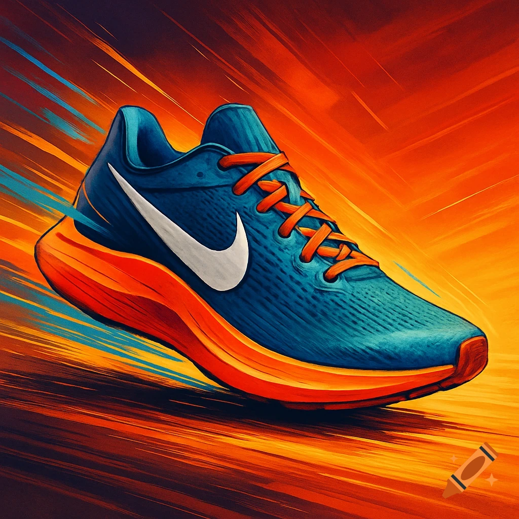 Dynamic illustration of a blue and orange Nike running shoe with a white swoosh and speed lines against an orange background.