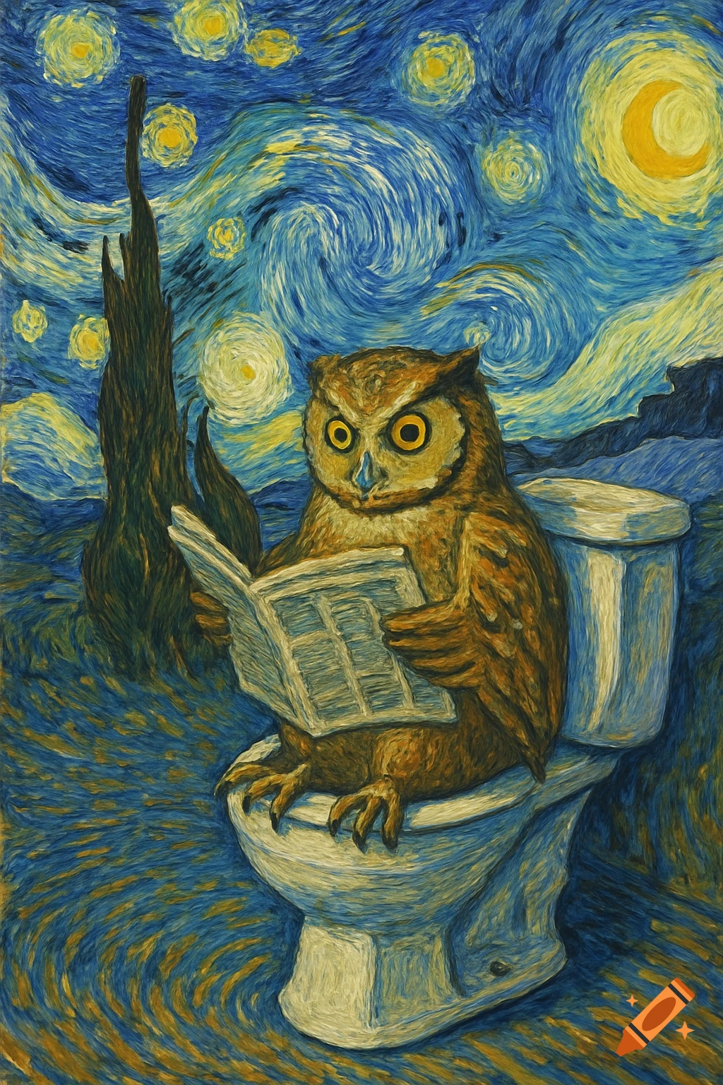 An owl sits on a toilet reading a newspaper under a swirling starry night sky, in the style of Van Gogh's Starry Night.