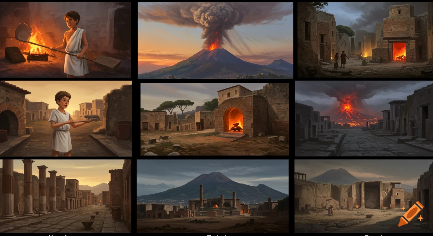 A 9-panel grid illustrating Ancient Pompeii, featuring a young Roman baker boy, the city at sunrise, and Mount Vesuvius erupting.