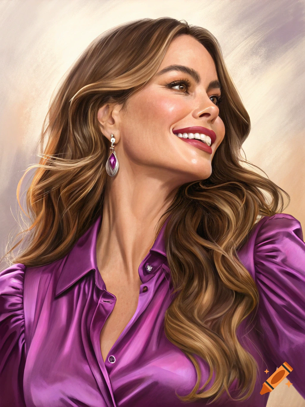 Digital painting of a smiling woman resembling Sofia Vergara, with long brown hair, wearing a purple satin blouse and an earring.
